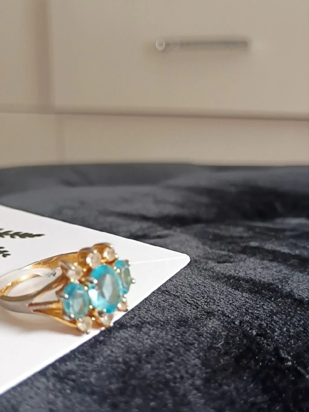 Gold Ring with Blue Gemstones and Accent Crystals Size 7